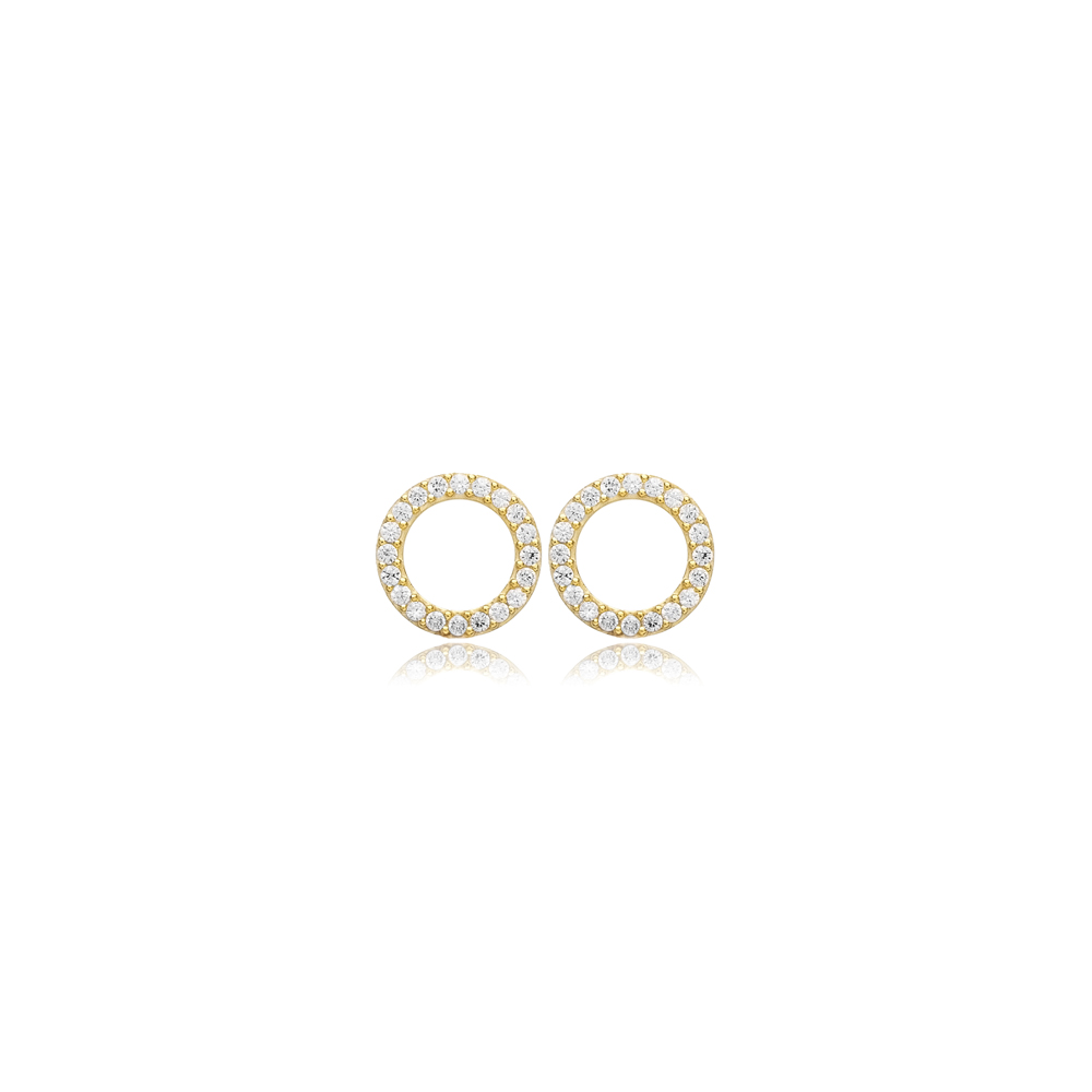  CZ Stone Hollow Round Design Hoop Earrings 14k Gold Jewelry