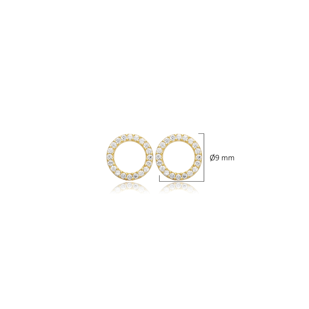  CZ Stone Hollow Round Design Hoop Earrings 14k Gold Jewelry