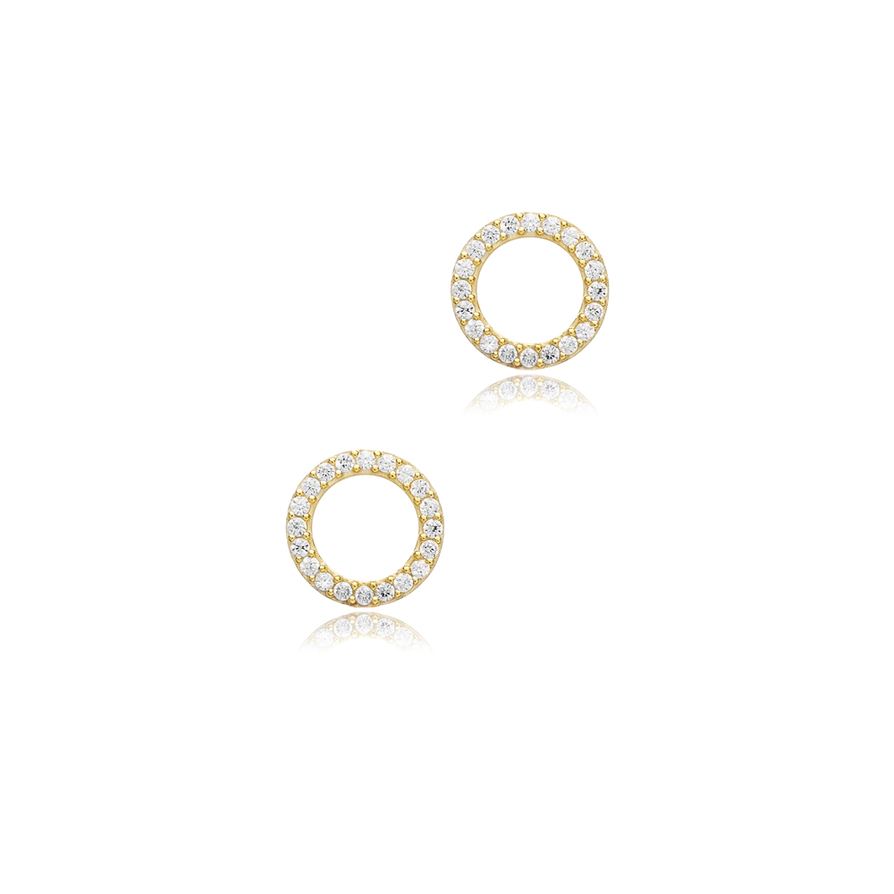  CZ Stone Hollow Round Design Hoop Earrings 14k Gold Jewelry