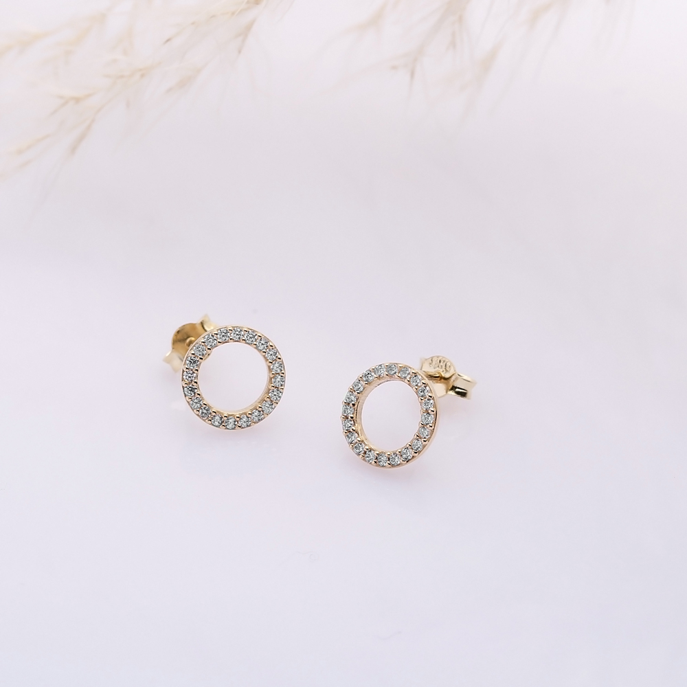  CZ Stone Hollow Round Design Hoop Earrings 14k Gold Jewelry