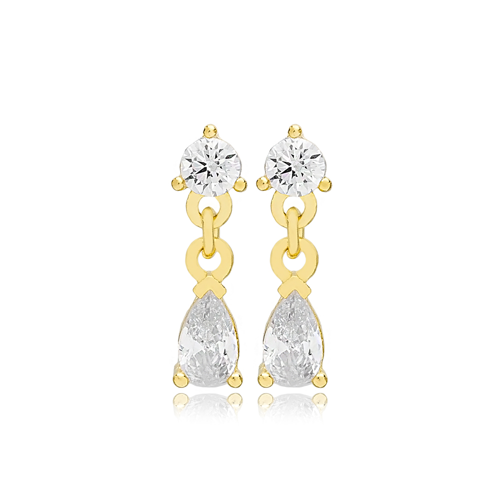 Pear Cut Shiny Zircon Stone Stud Earrings 14k Gold Jewelry