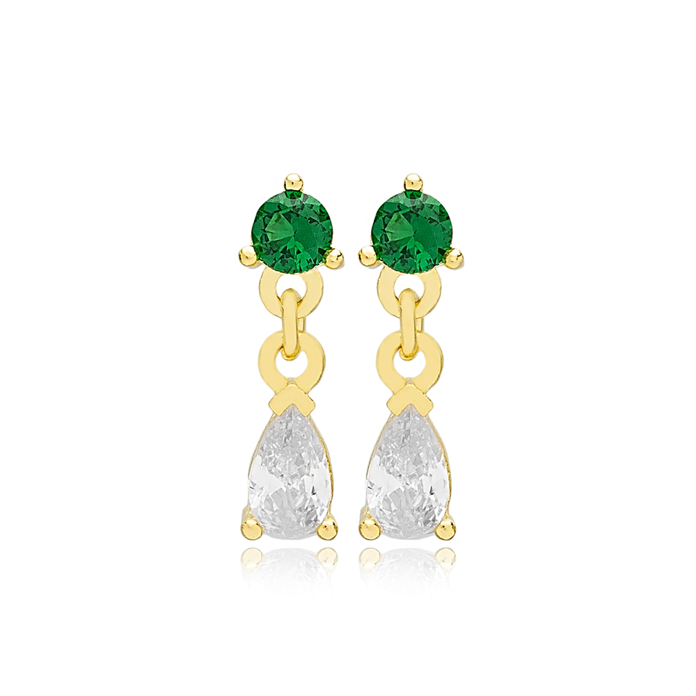 Pear Cut Shiny Zircon Stone Emerald Stone Stud Earrings 14k Gold Jewelry