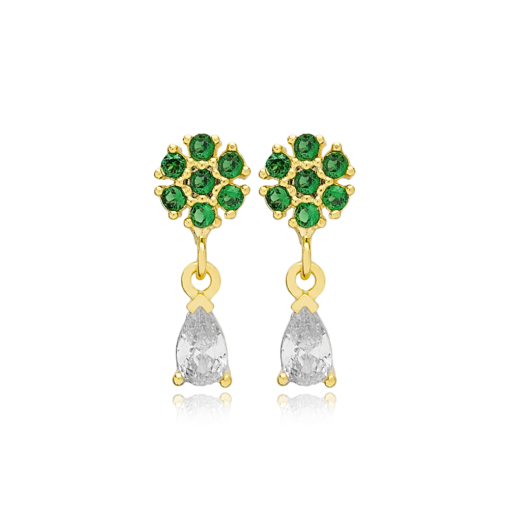 Flower Design Pear Cut Zircon Stone with Emerald Stone Stud Earrings 14k Gold Jewelry