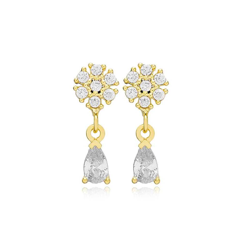 Flower Design Pear Cut Zircon Stone Stud Earrings 14k Gold Jewelry