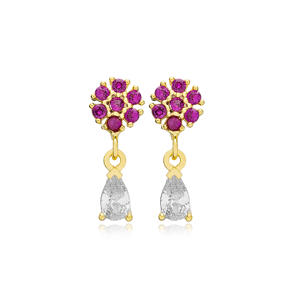 Flower Design Pear Cut Zircon Stone with Ruby Stone Stud Earrings 14k Gold Jewelry