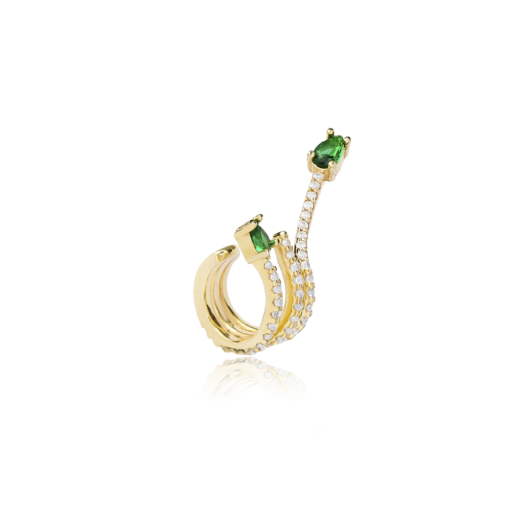 Pear Cut Emerald Stone Cartilage Single Earring Turkish 14K Gold Jewelry