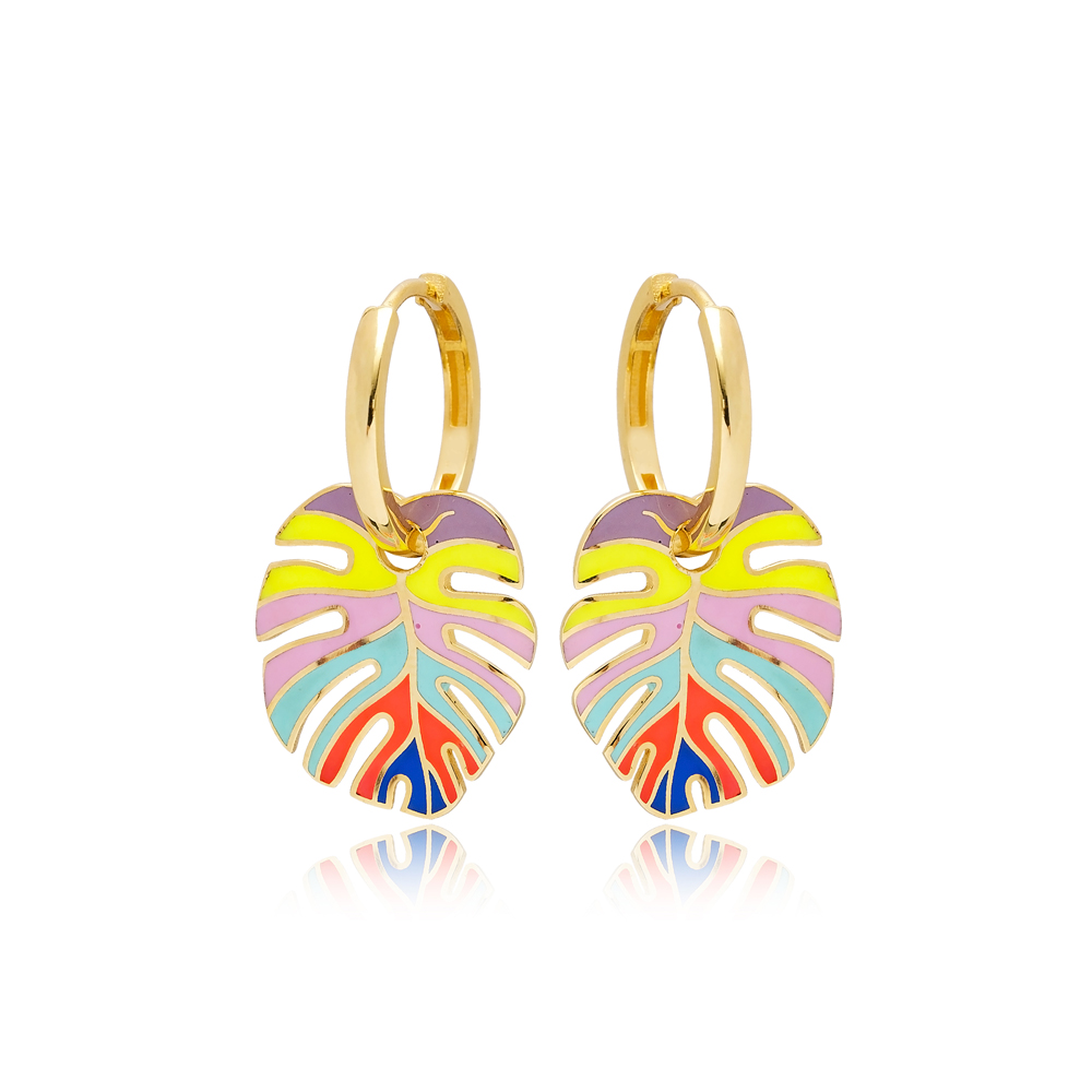 Mix Color Enamel Design Leaf Shape Dangle Earrings 14k Gold Jewelry