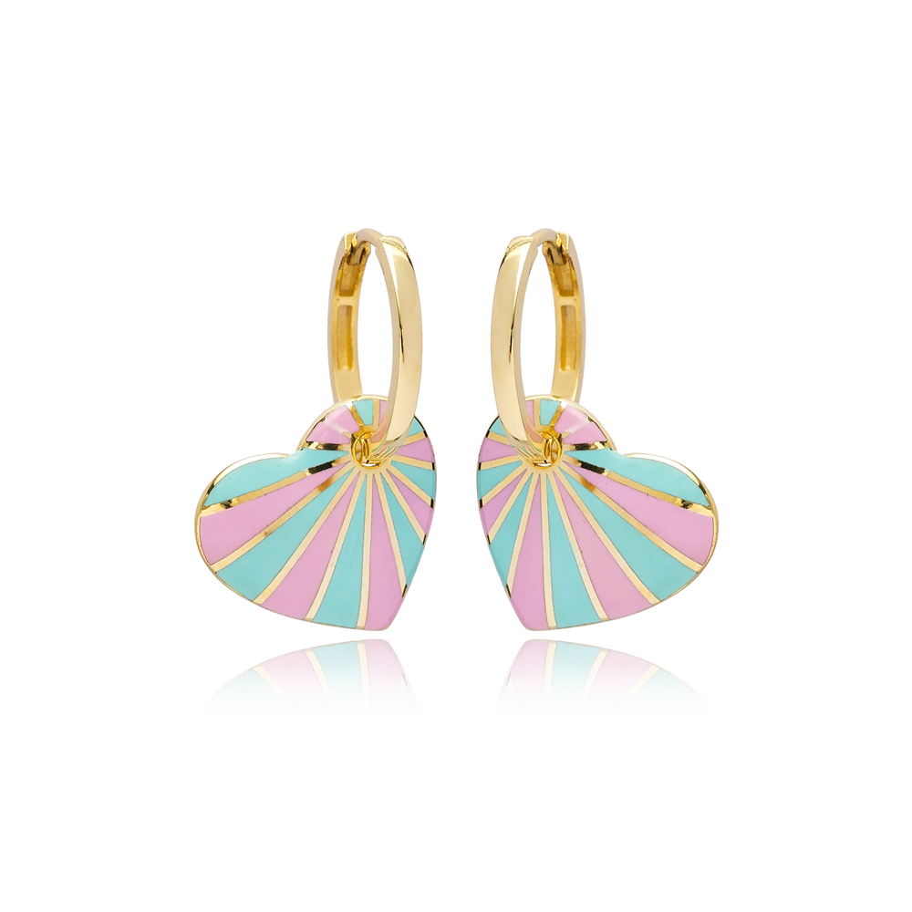 Heart Shape Turquoise with Pink Colors Dangle Earrings 14k Gold Jewelry