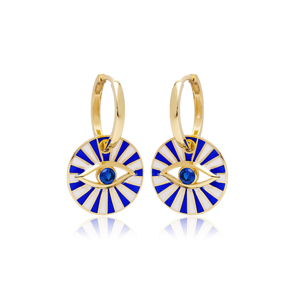 Evil Eye Design Blue with White Colors Enamel Dangle Earrings 14k Gold Jewelry