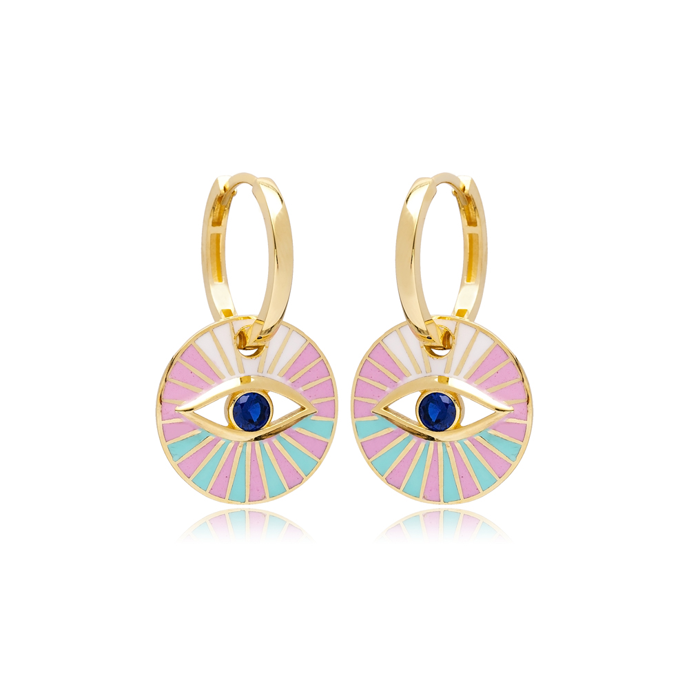 Evil Eye Design Pink with Turquoise Colors Enamel Dangle Earrings 14k Gold Jewelry