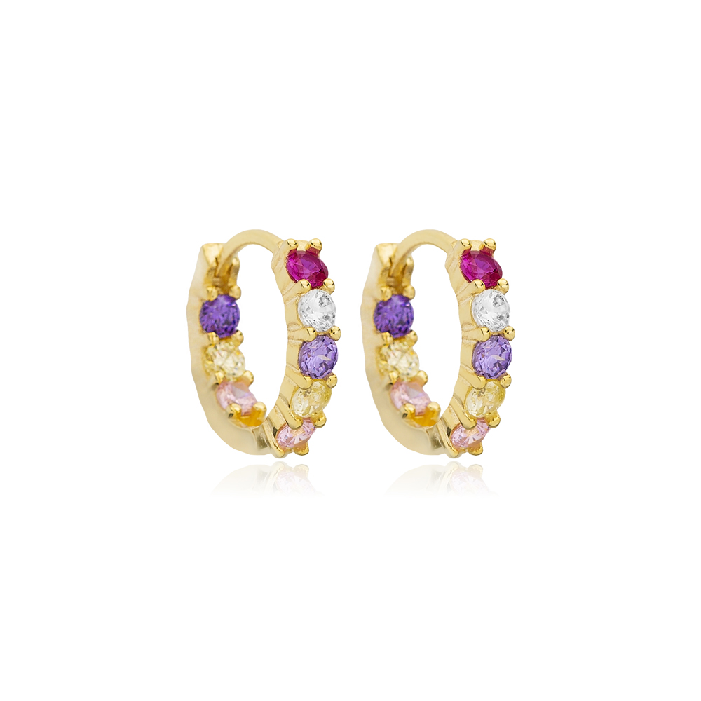 Round Shape Mix Stone Hoop Earrings 14k Gold Jewelry