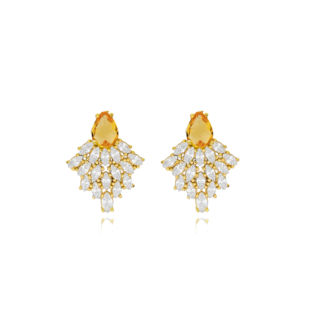 Pear Cut Citrine with Marquise Cut Zircon Stone Stud Earrings 14k Gold Jewelry