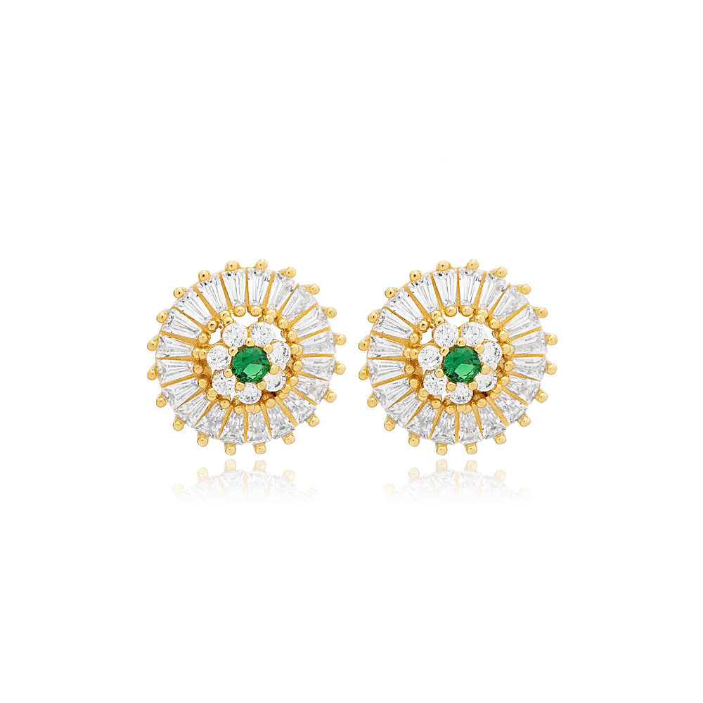 Emerald with Zircon Stone Round Shape Stud Earrings 14k Gold Jewelry