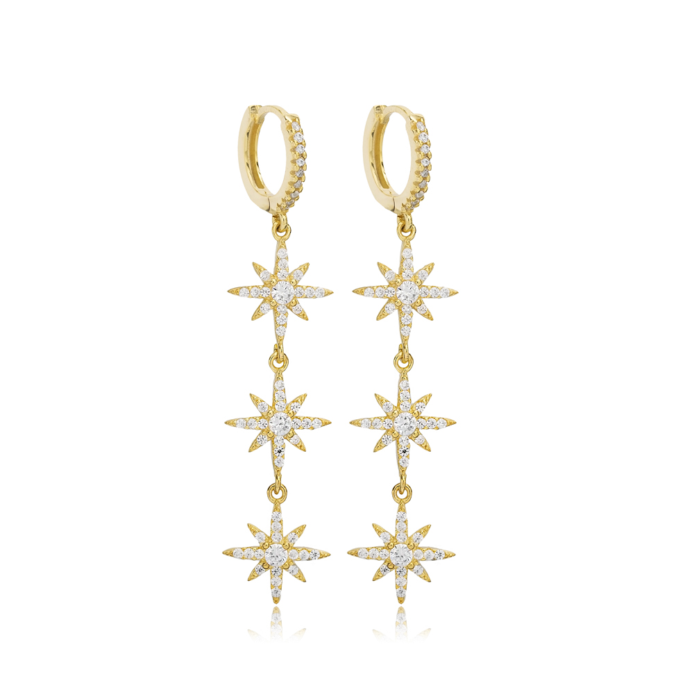 Triple Flower Design Zircon Stone Long Dangle Earrings 14k Gold Jewelry