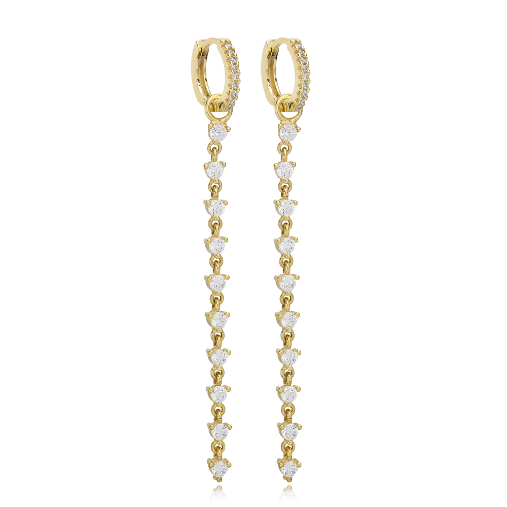 Dainty Zircon Stone Long Dangle Earrings 14k Gold Jewelry