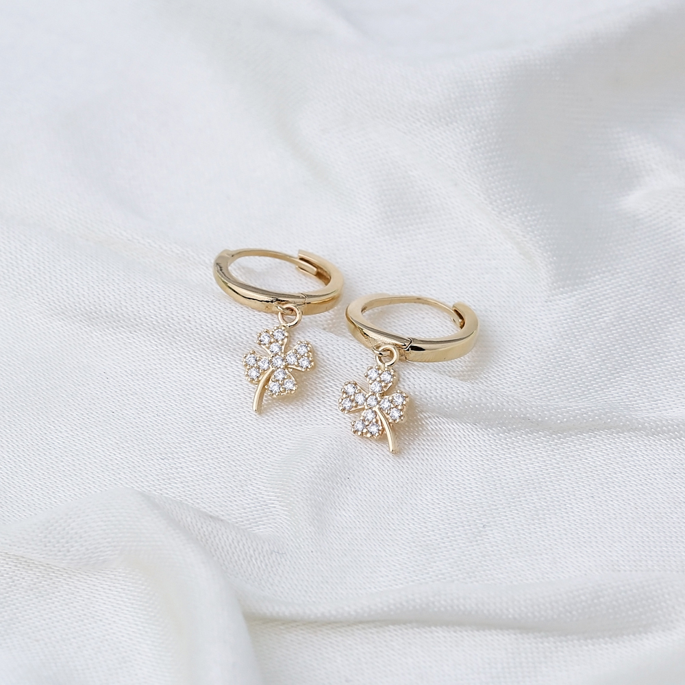 Clover Charm Hoop Earring Wholesale Turkish 14k Gold Earrings