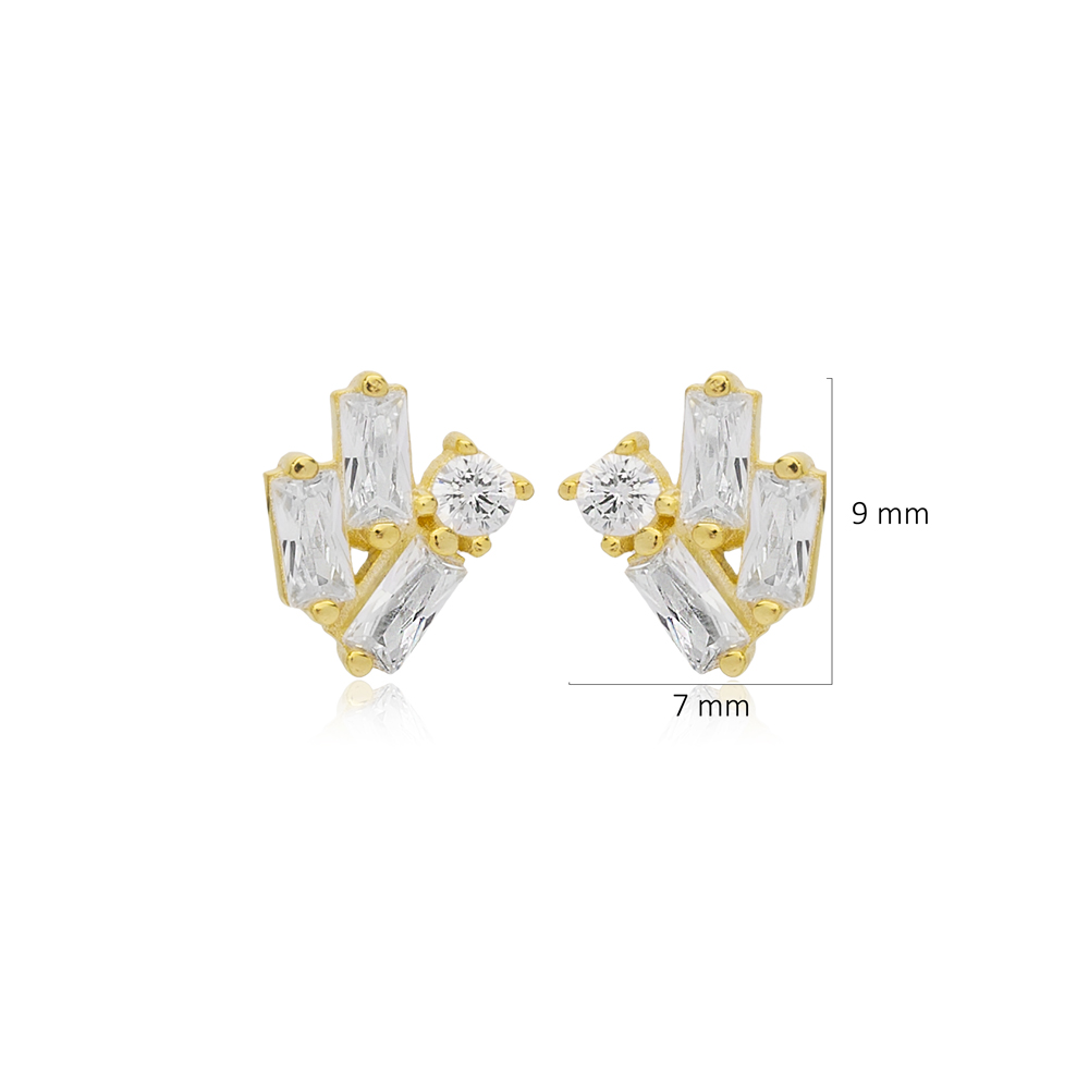 Minimalist Baguette Stone Stud Earrings Wholesale Turkish 14k Gold Jewelry