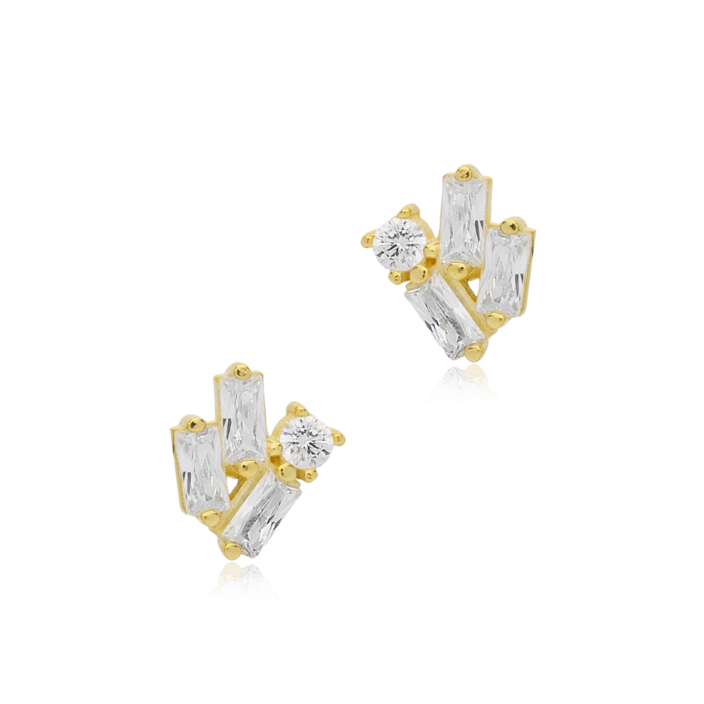 Minimalist Baguette Stone Stud Earrings Wholesale Turkish 14k Gold Jewelry