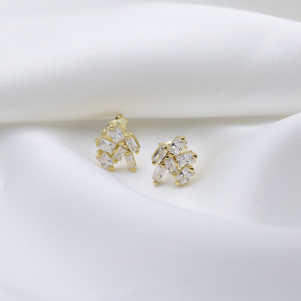 Tiny Cute Baguette Cut Stone Stud Earrings Wholesale Turkish 14k Gold Jewelry