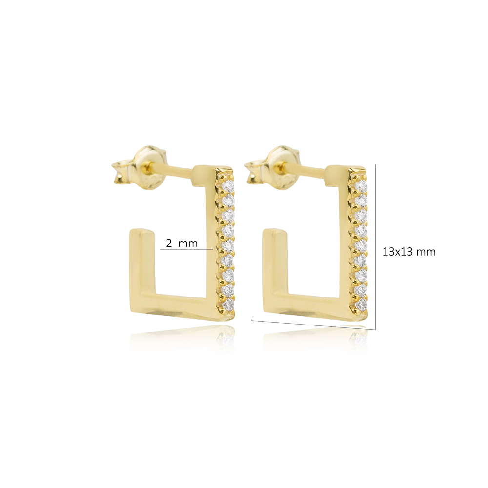 Square Design Geometric Stud Earrings Turkish 14K Gold Jewelry