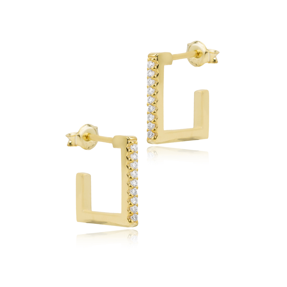 Square Design Geometric Stud Earrings Turkish 14K Gold Jewelry