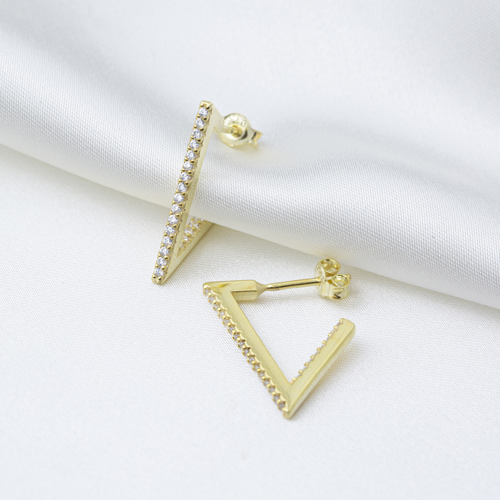 Geometric Triangle Design Stud Earrings Turkish 14K Gold Jewelry