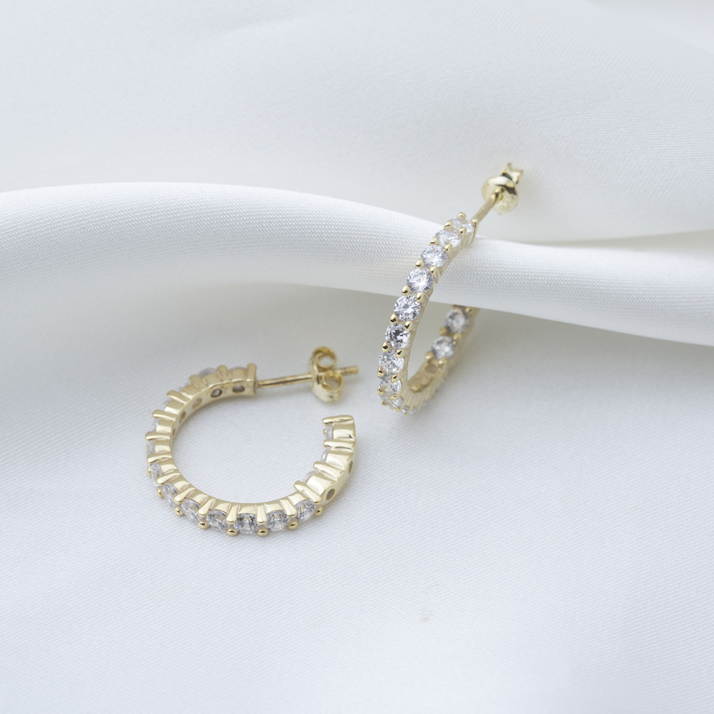 Elagant Zircon Stone Design Hoop Earrings Turkish 14K Gold Jewelry