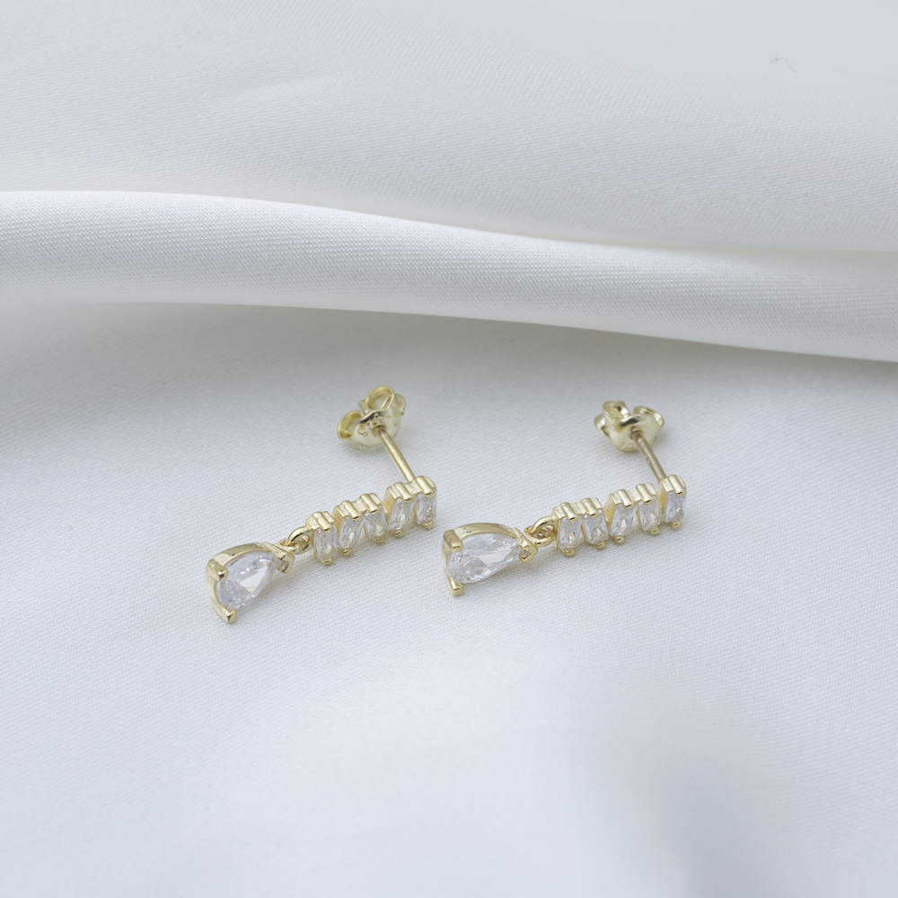 Shiny Baguette Stone Stud Earrings 14K Gold Jewelry