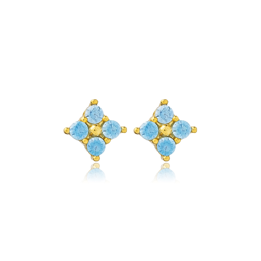 Geometric Design Aquamarine Stud Earrings 14k Gold Jewelry