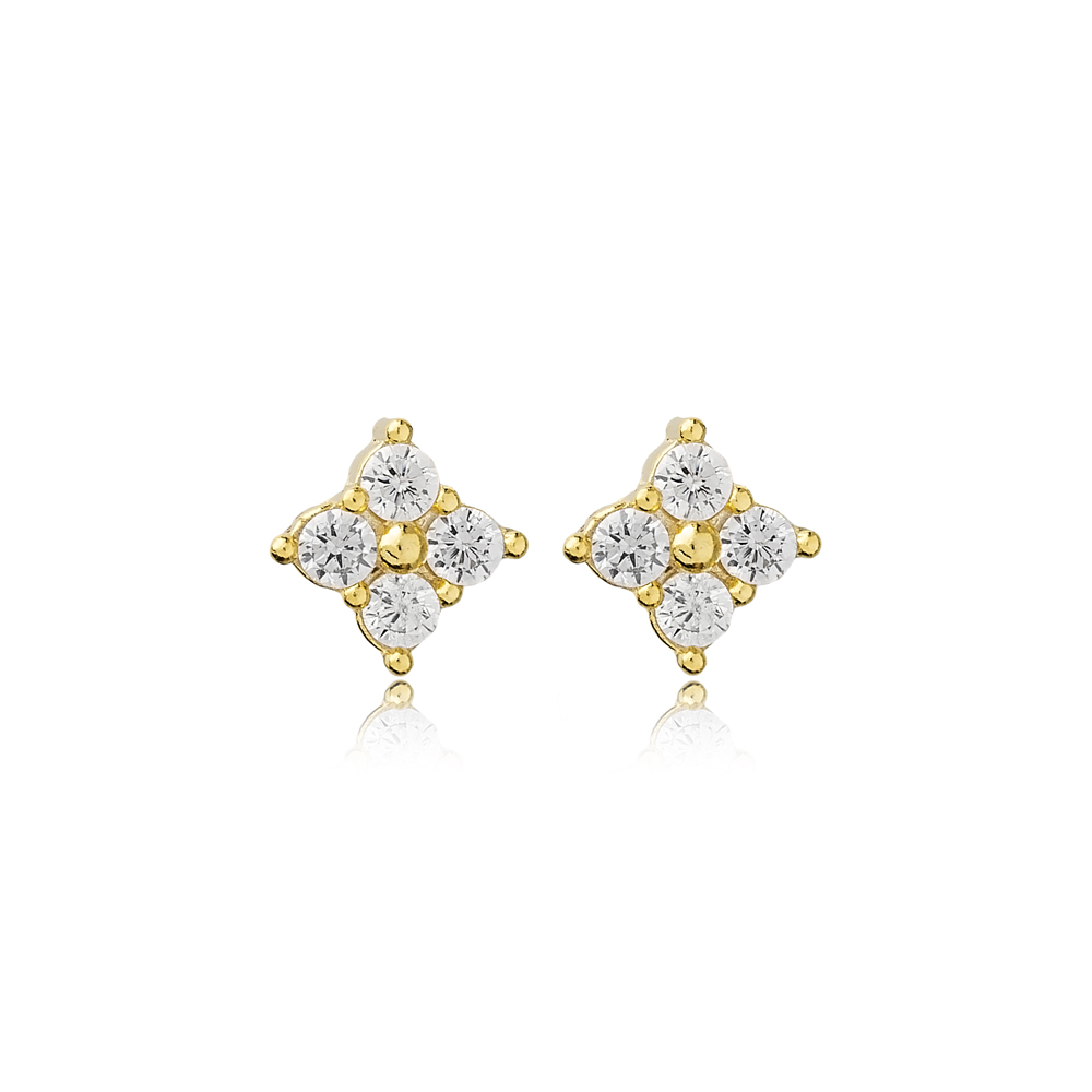 Geometric Design Zircon Stud Earrings 14k Gold Jewelry