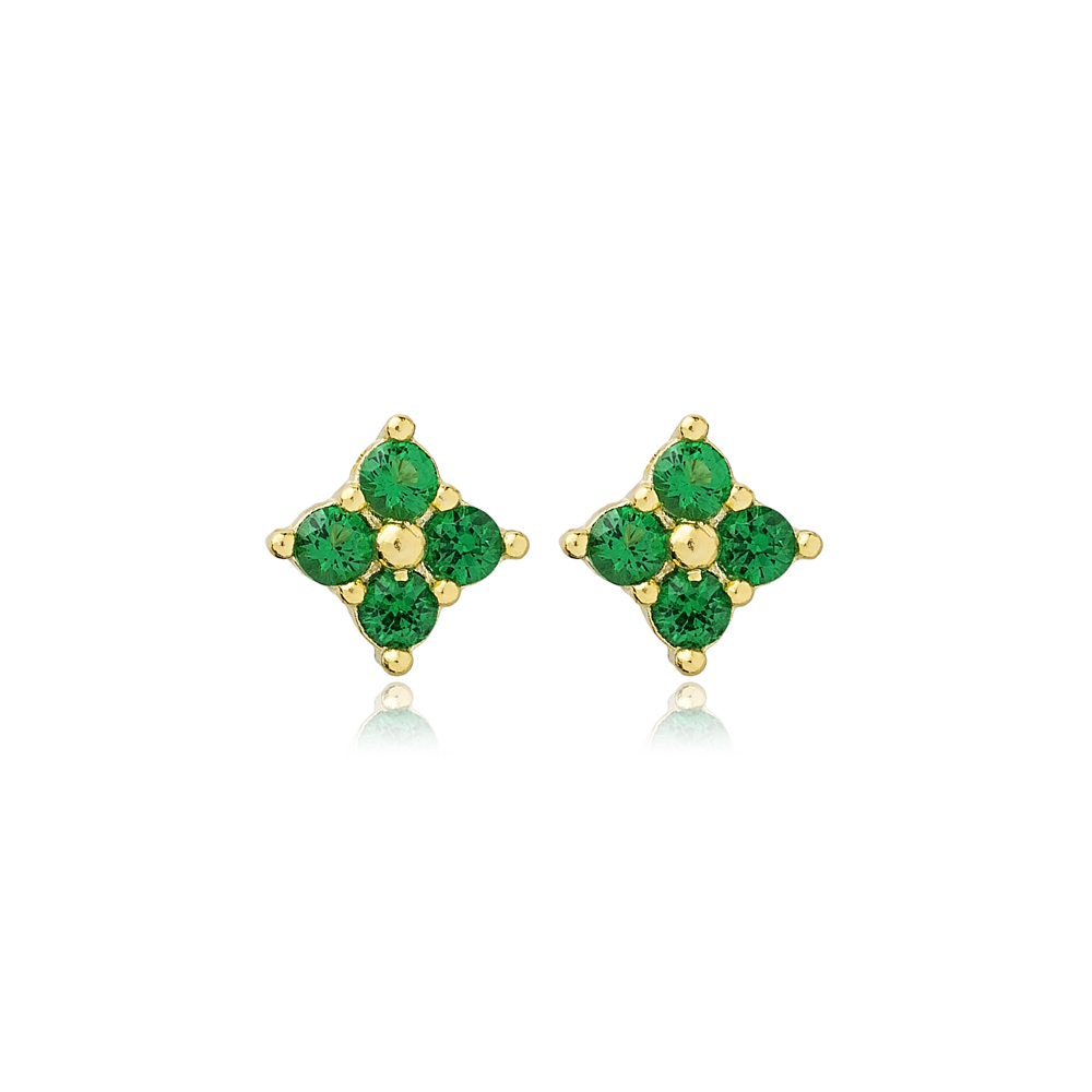 Geometric Design Emerald Stud Earrings 14k Gold Jewelry