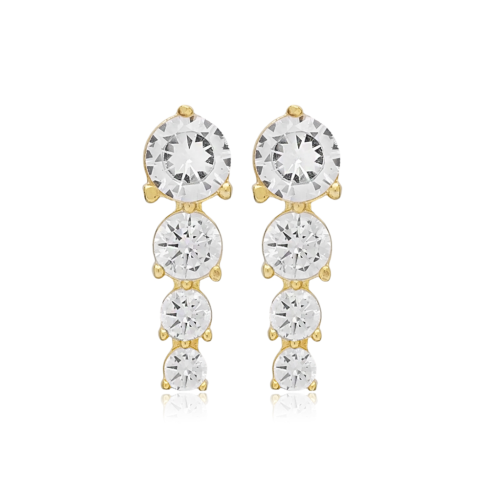 Round Cut Quadruple Zircon Stone Stud Earrings 14K Gold Jewelry