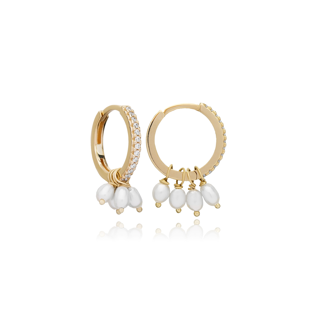 Dainty Pearl Design Hoop Earrings 14k Gold Jewelry