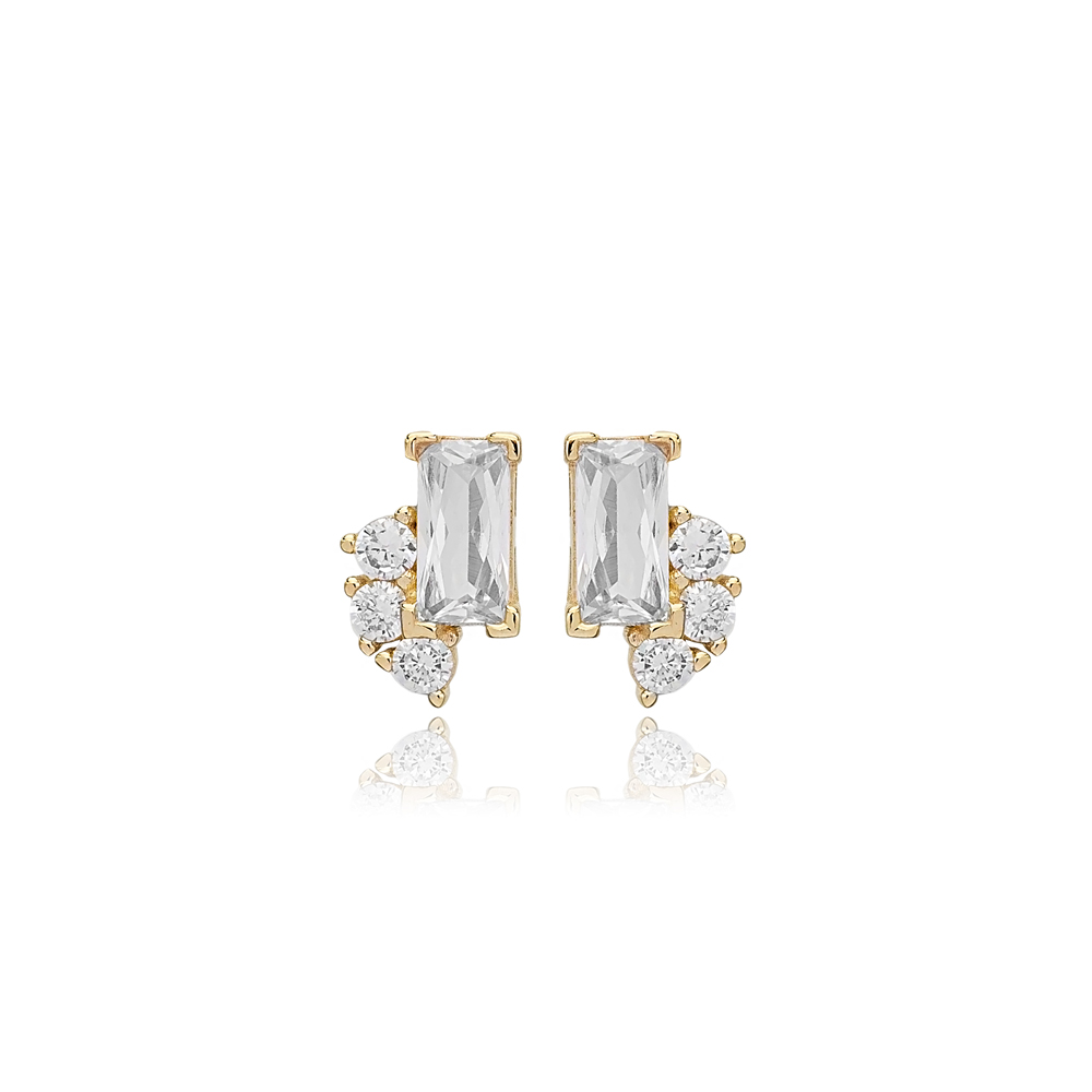 Tiny Clear Baguette Zircon Stone Stud Earrings 14k Gold Jewelry