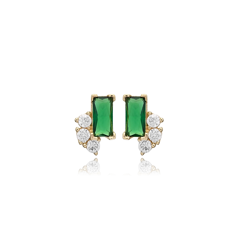 Minimalist Emerald with Zircon Stone Stud Earrings 14k Gold Jewelry	