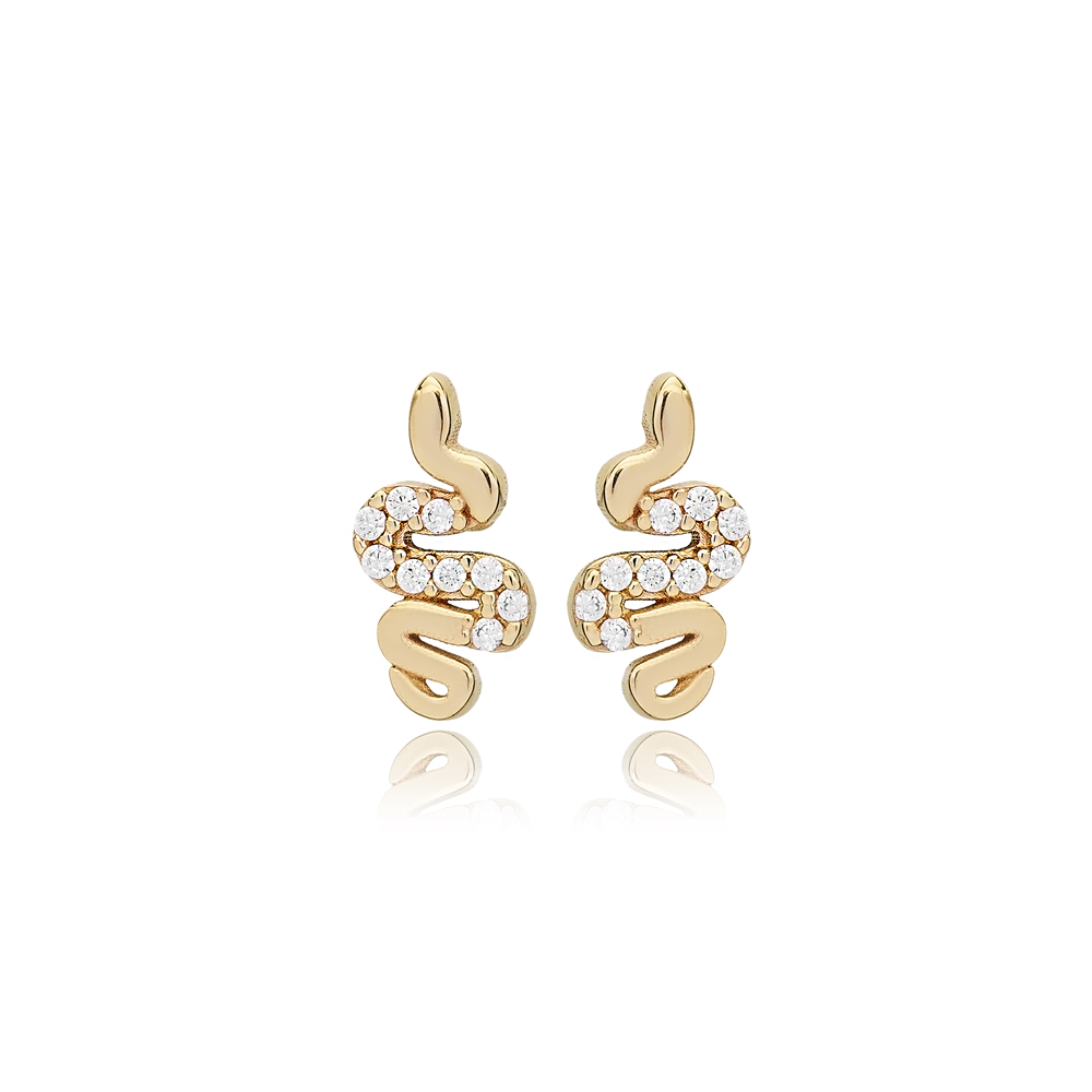 Snake Design Zircon Stone Stud Earrings 14k Gold Jewelry