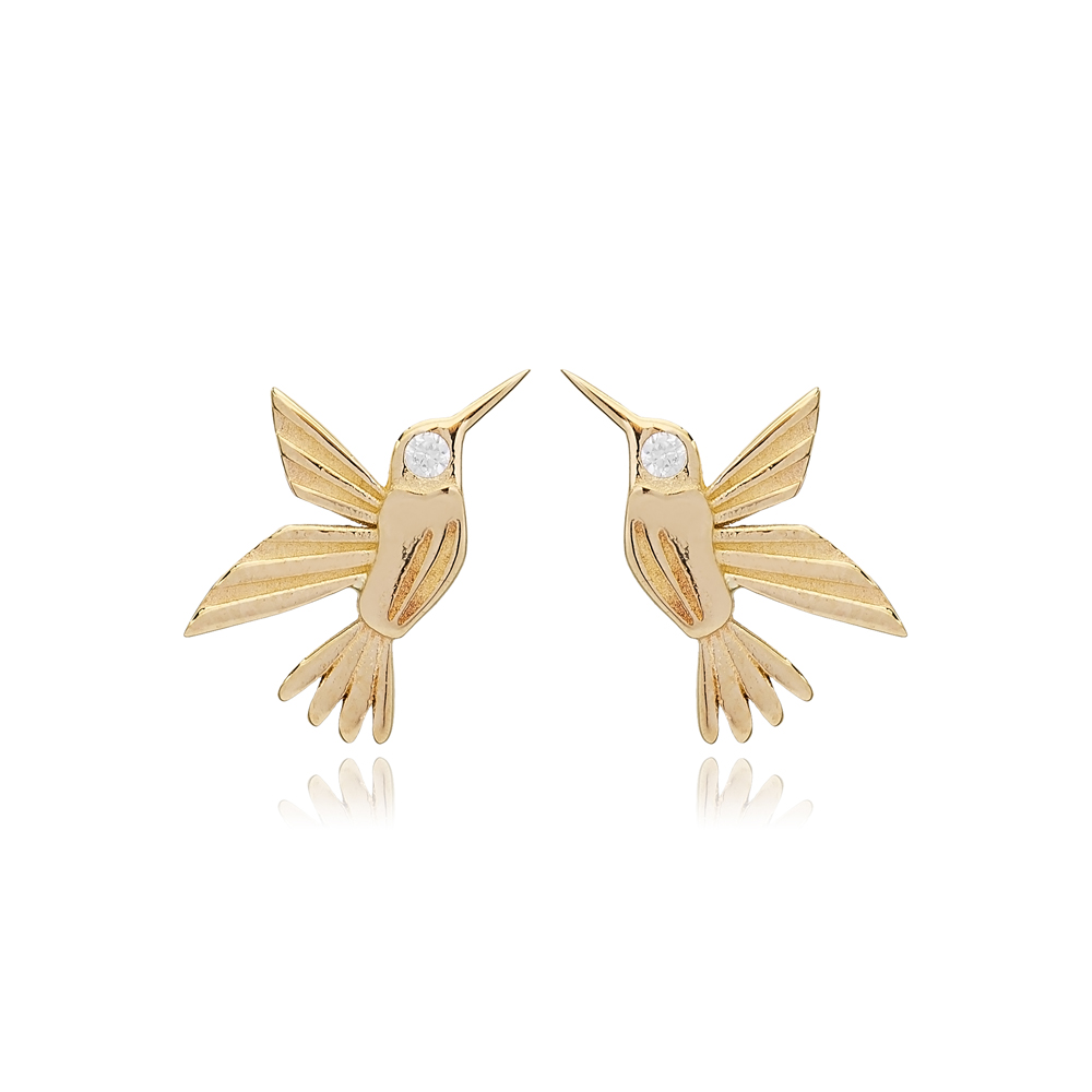 Bird Design Zircon Stone Stud Earrings 14k Gold Jewelry