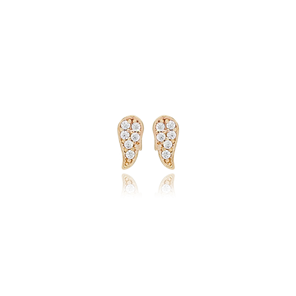 Minimalist Angel-Wings Design Zircon Stone Stud Earrings 14k Gold Jewelry