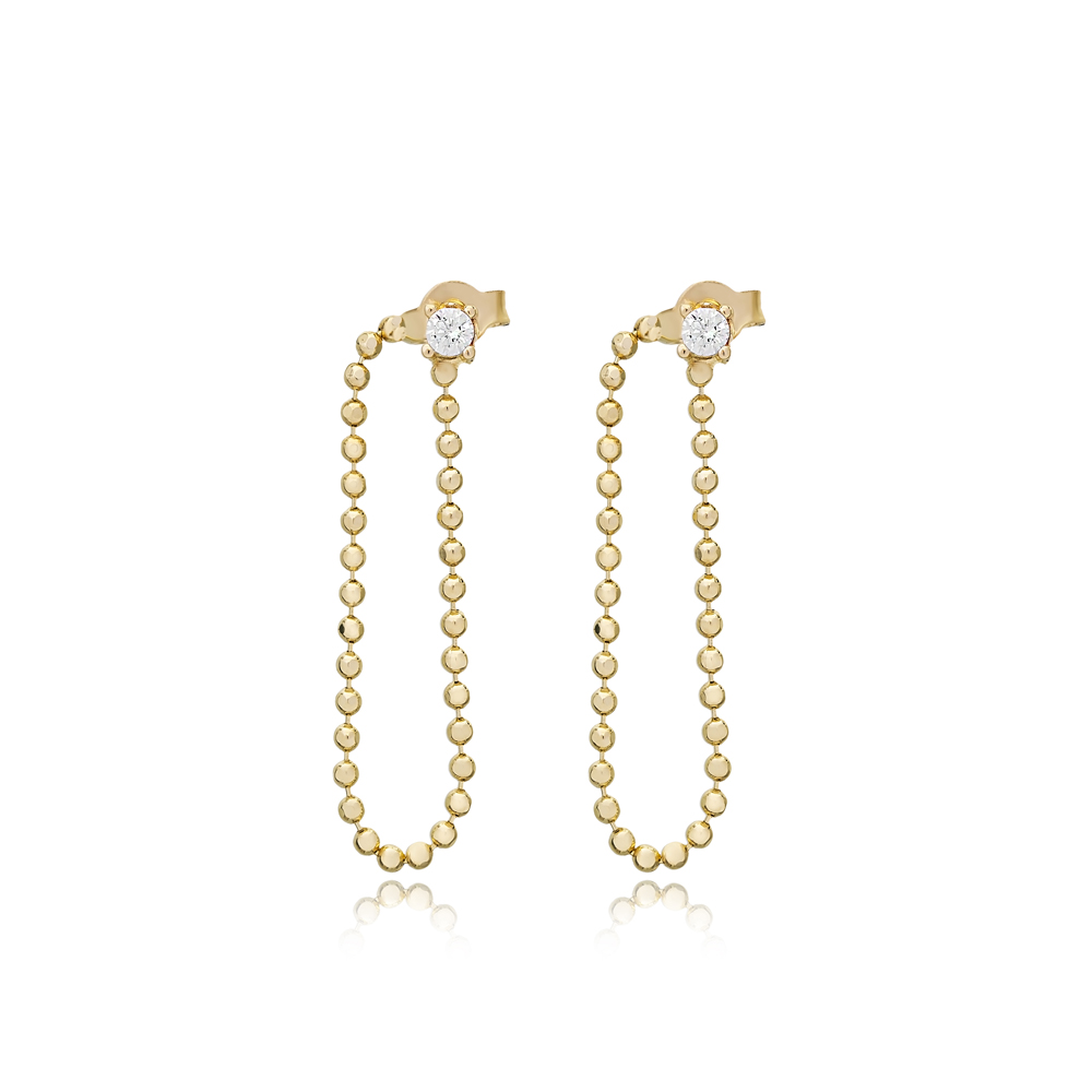 Ball Chain Design Zircon Stone Long Earrings 14k Gold Jewelry	