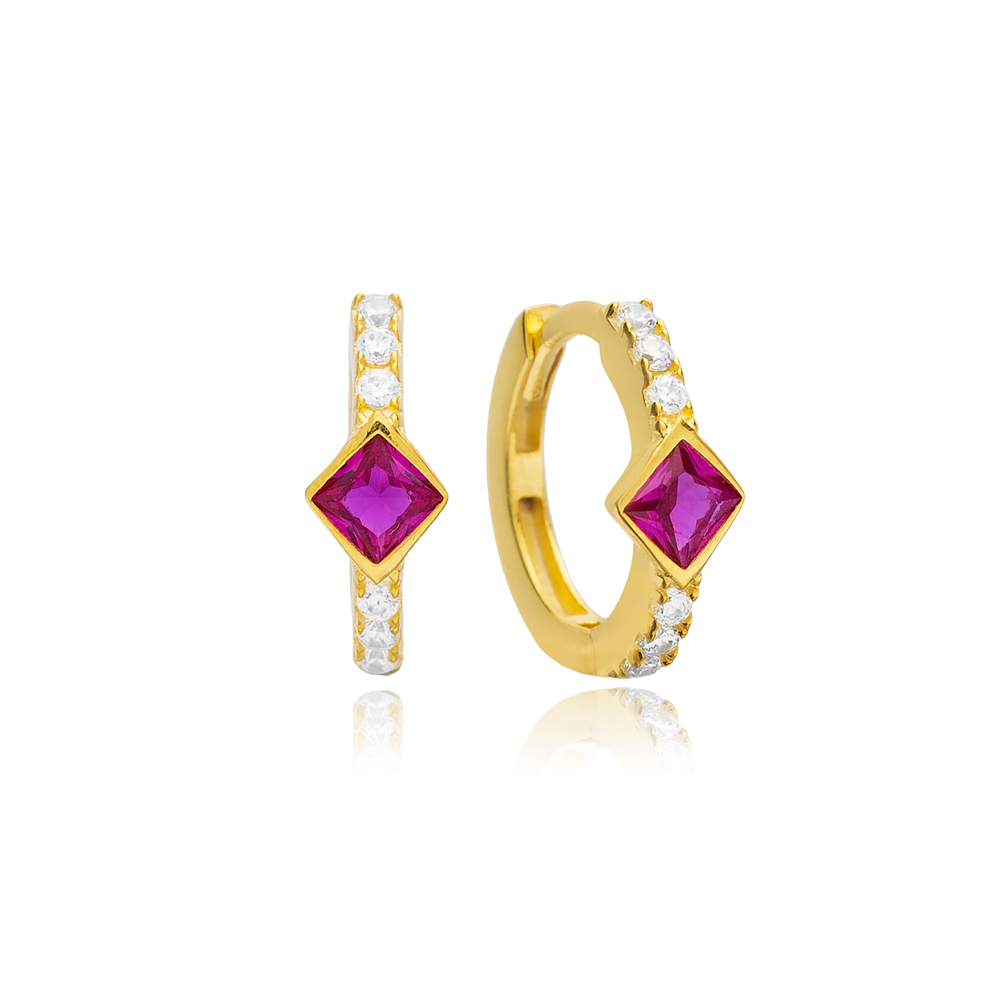 Ruby Square CZ Zircon Stone Hoop Earrings 14k Gold Jewelry