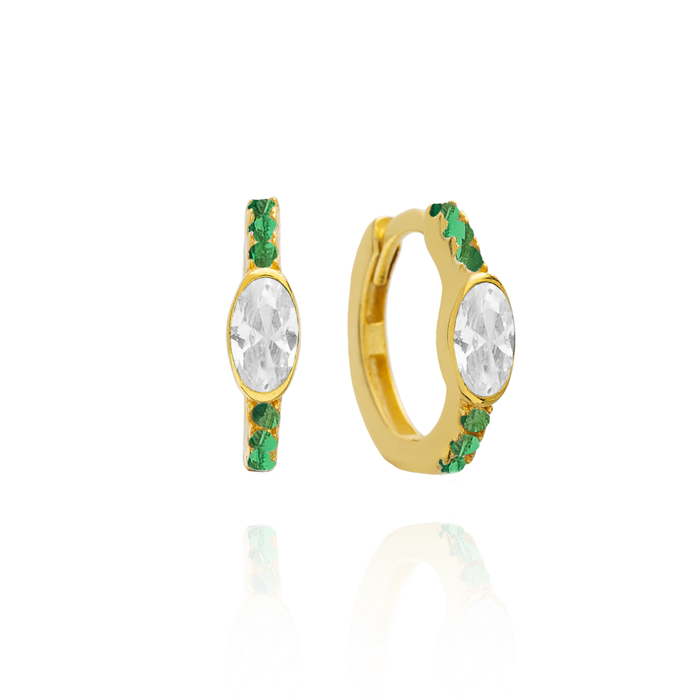 Emerald CZ Stone Oval Hoop Earrings 14k Gold Jewelry