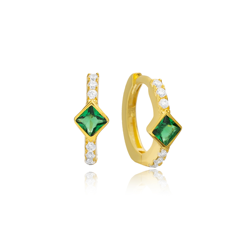 Emerald Square CZ Zircon Stone Hoop Earrings 14k Gold Jewelry