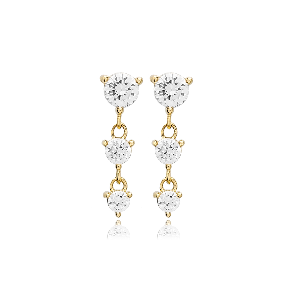 Triple CZ Stone Round Design Stud Earrings 14k Gold Jewelry