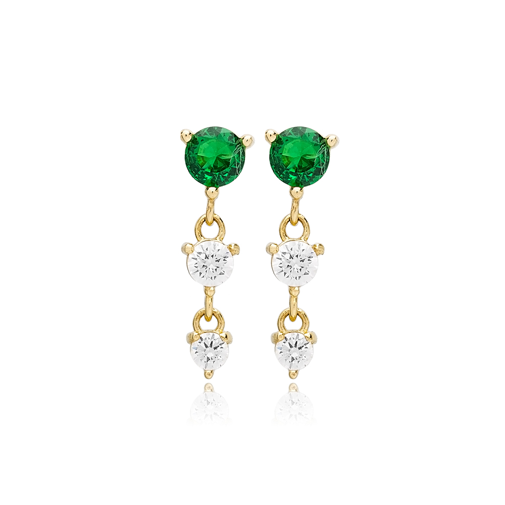 Triple Emerald CZ Stone Round Design Stud Earrings 14k Gold Jewelry