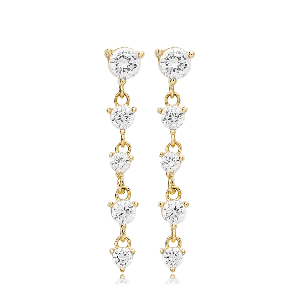 Multiple CZ Stone Round Design Long Stud Earrings 14k Gold Jewelry