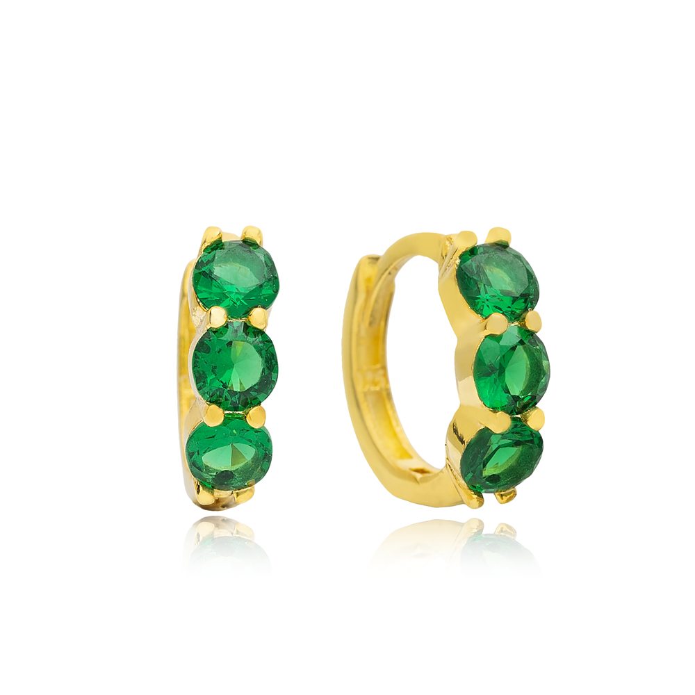 Emerald CZ Stone Hoop Earrings 14k Gold Jewelry