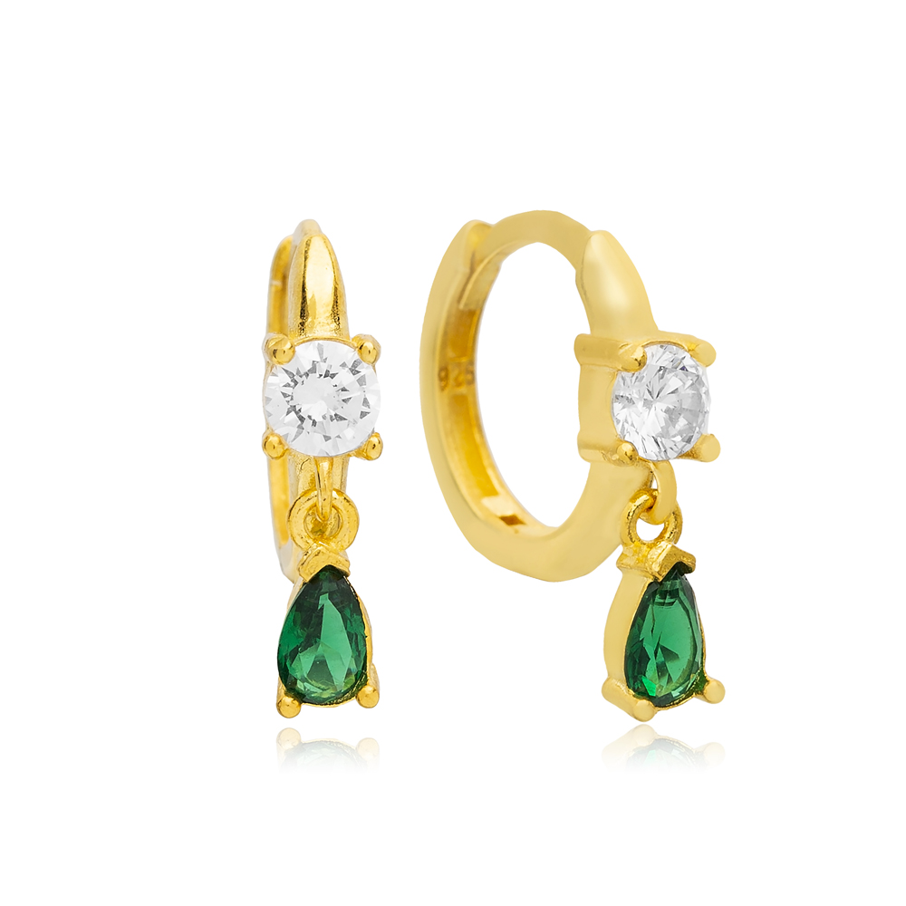  CZ Stone Emerald Pear Design Hoop Earrings 14k Gold Jewelry