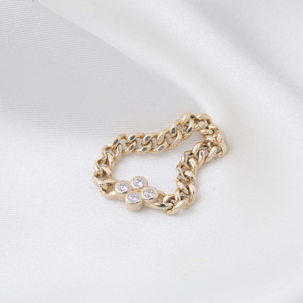 Minimalist Zircon Stone Chain Design Ring 14k Gold Jewelry