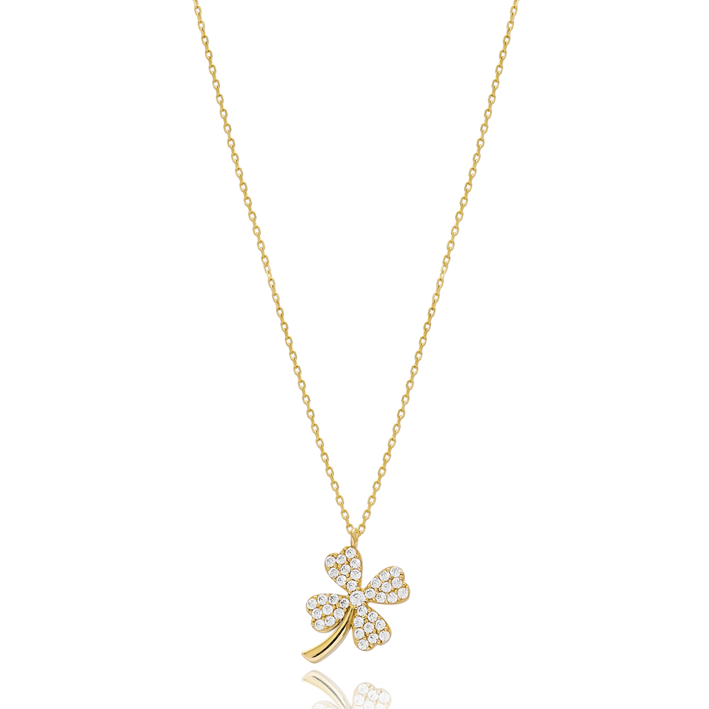 Minimal Four Leaf Clover Design 14k Gold Pendant