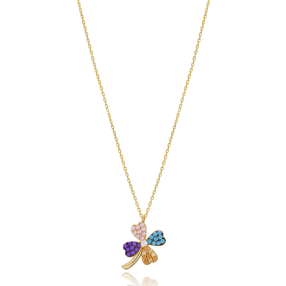 Colorful Four Leaf Clover Design Minimal 14k Gold Pendant